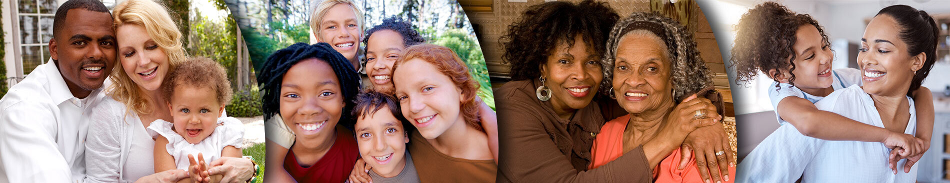 Collage showing a couple holding a baby, a group of 4 various aged children hugging, a woman hugging her mother, a young girl hugging her mom.